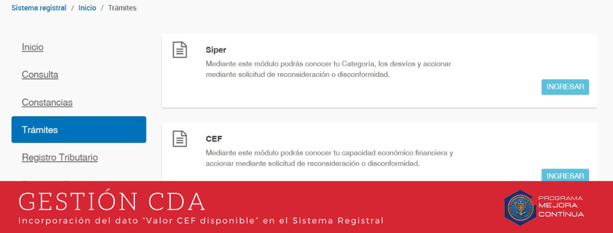 GESTIÓN CDA: Incorporación del dato “Valor CEF disponible” en el Sistema Registral